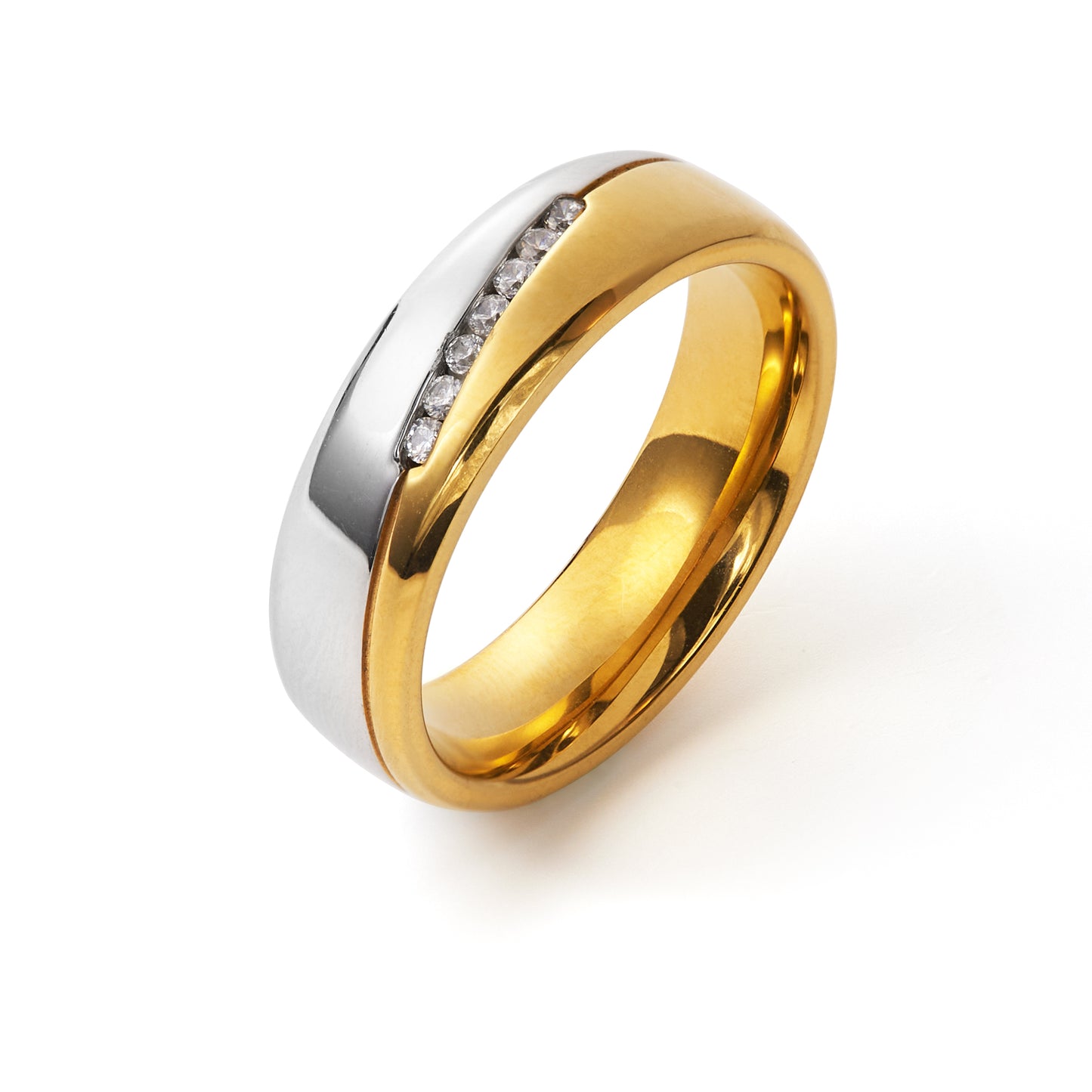 Two-tone Gold Titanium Steel Couple Korean Style Simple Rhinestone Couple Rings Female Male Fashion Jewelry