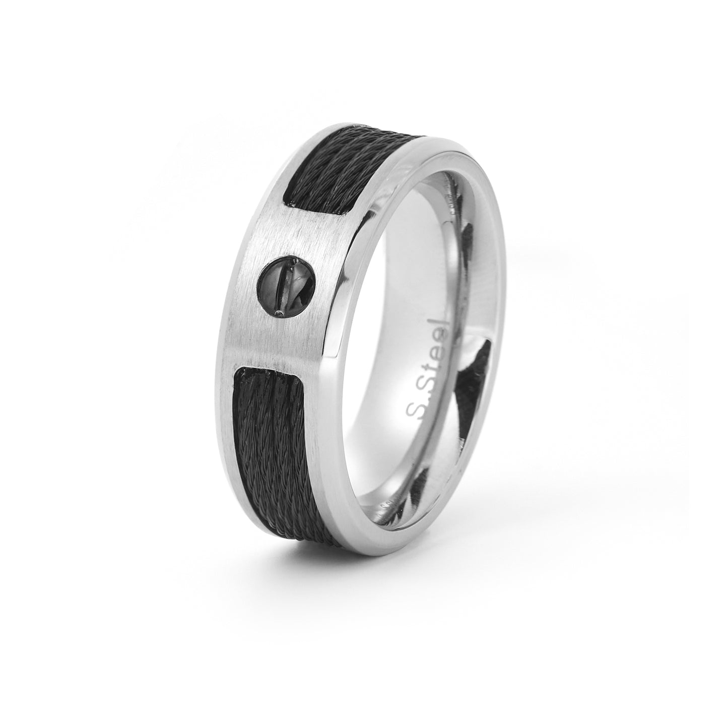Black Diamond Tungsten Ring - 8mm Beveled Tungsten Carbide Wedding Ring with Black Carbon Fiber Inlay Anniversary Band