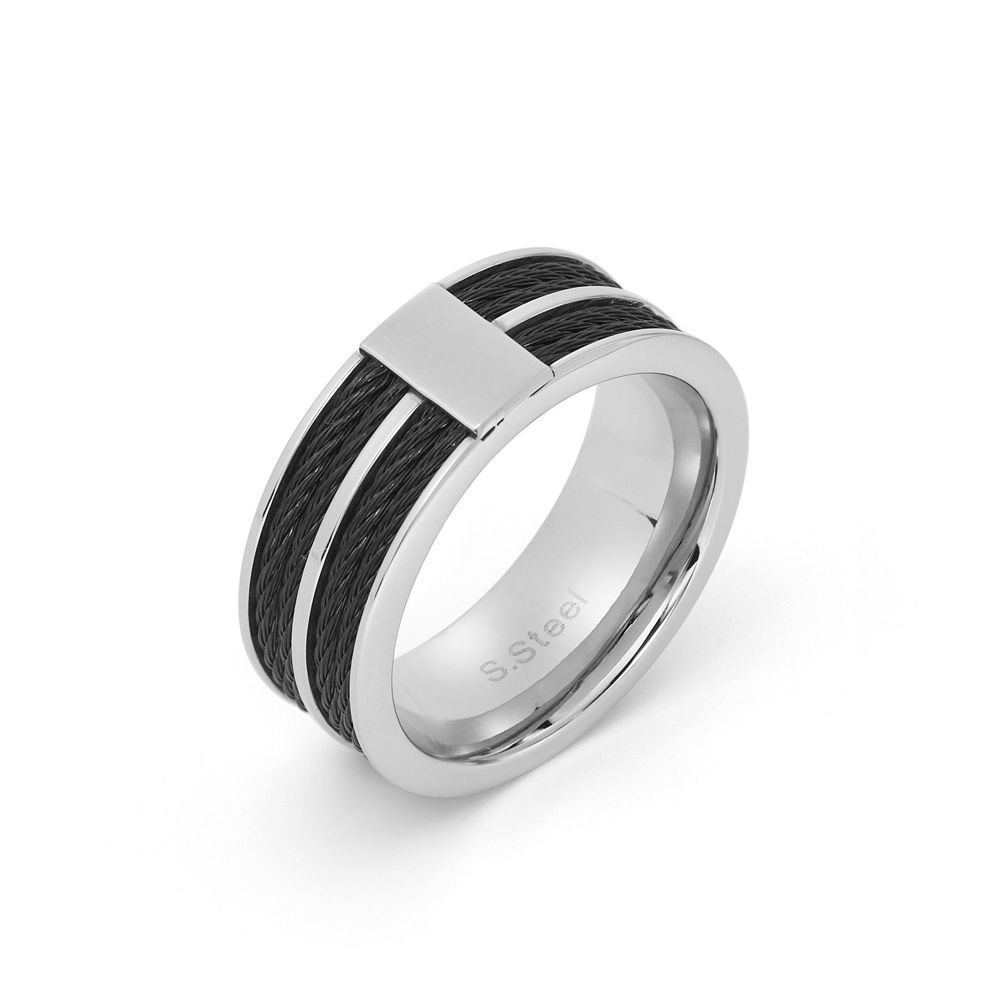 Black Plated Stainless Steel Striped Grooved Ring