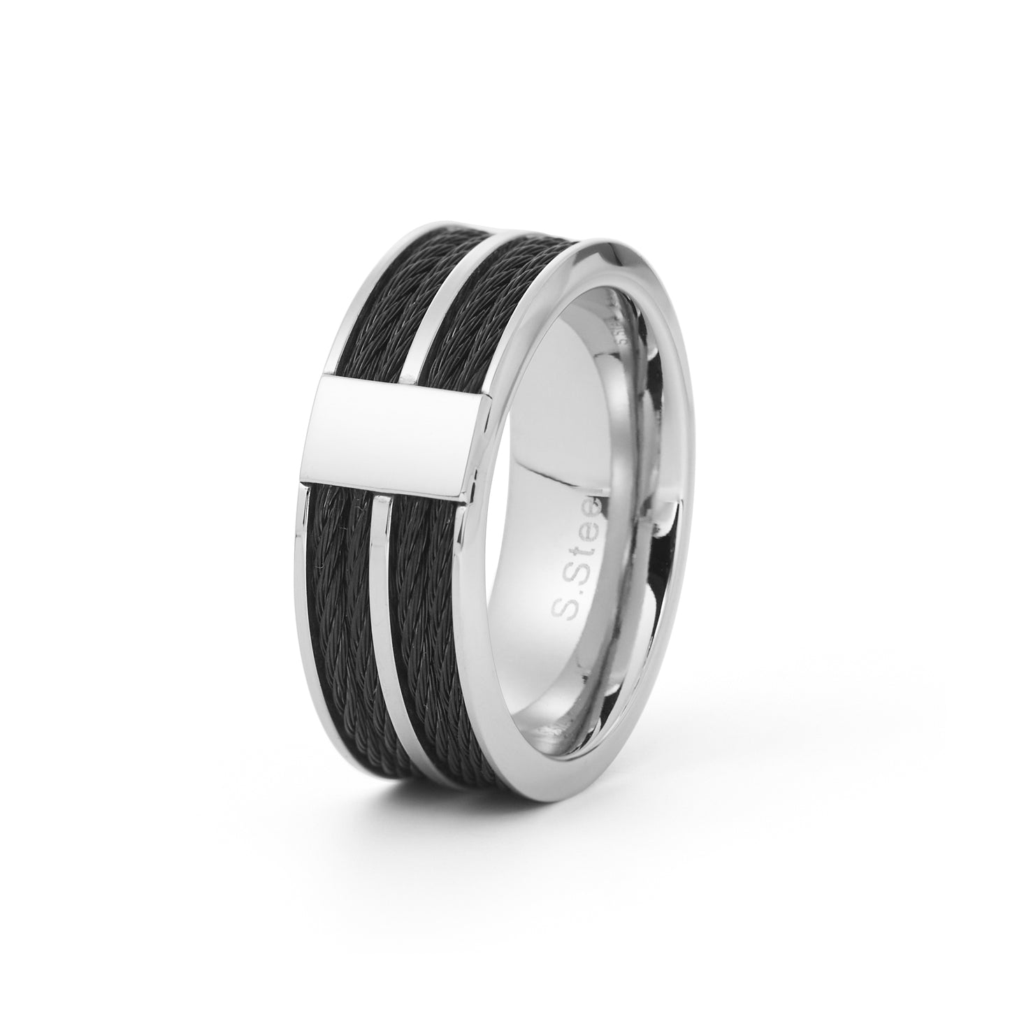 Black Plated Stainless Steel Striped Grooved Ring