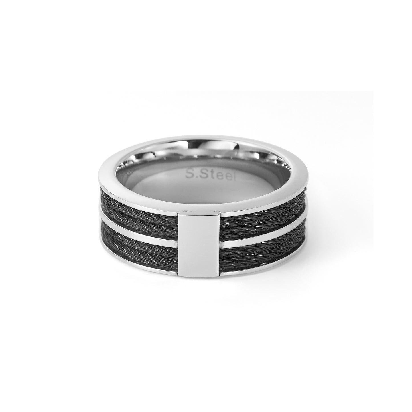 Black Plated Stainless Steel Striped Grooved Ring