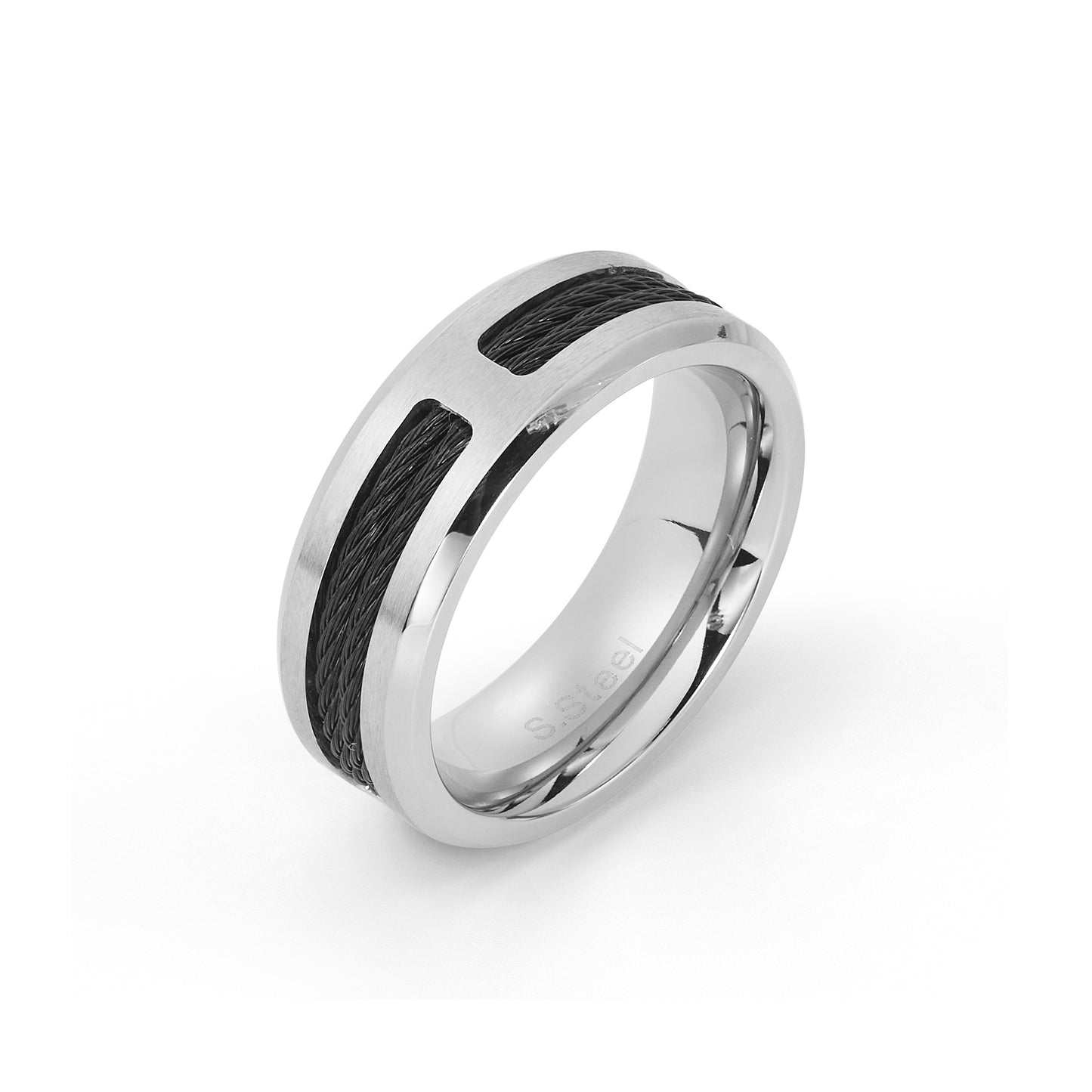 Black Plated Stainless Steel Striped Grooved Ring