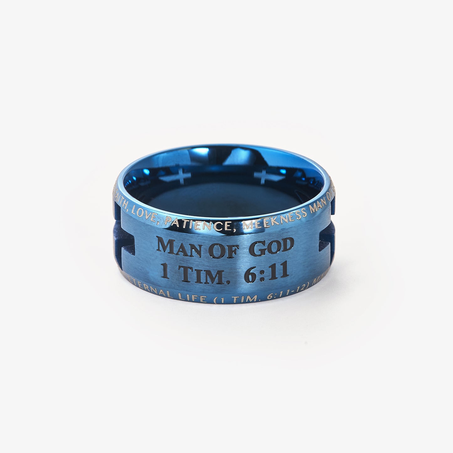Stainless Steel Laser Etched Blue Lord's Prayer Wedding Band Ring Hollow Comfort Fit
