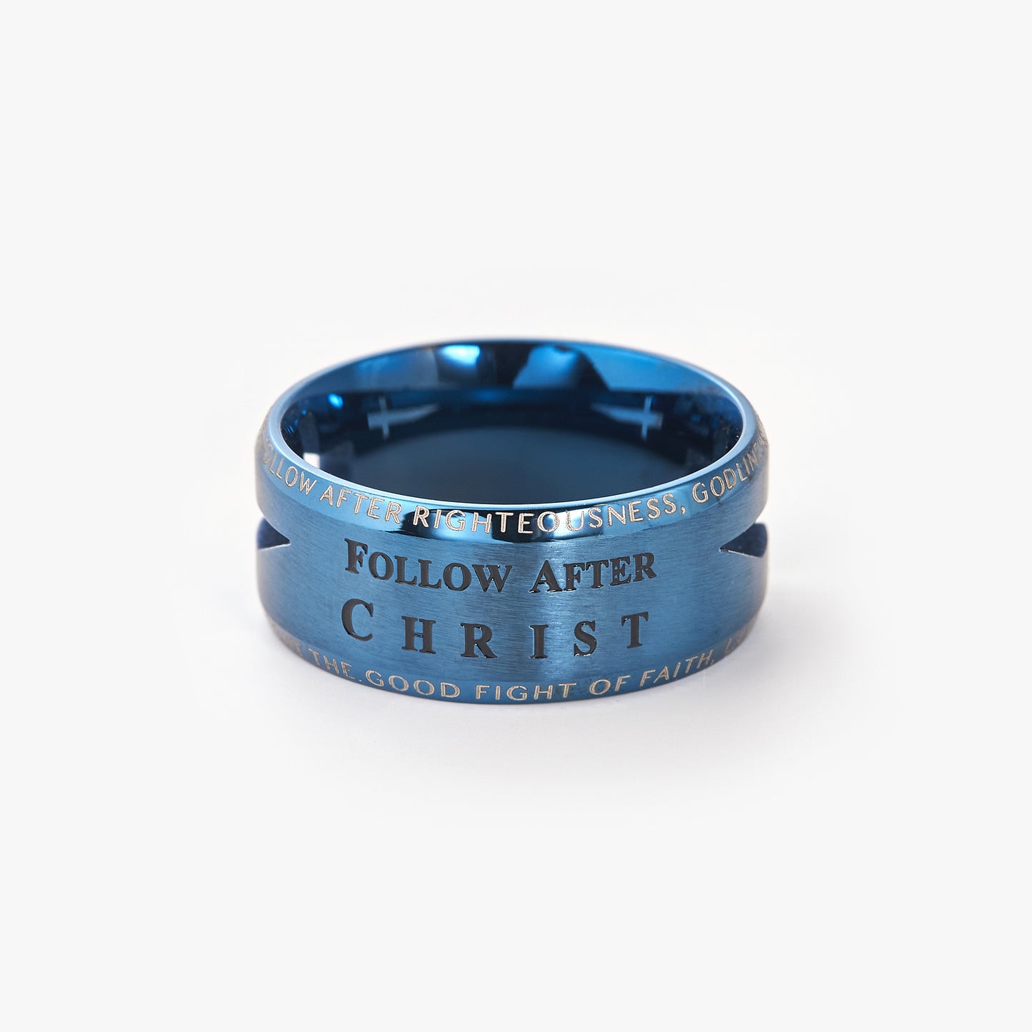 Stainless Steel Laser Etched Blue Lord's Prayer Wedding Band Ring Hollow Comfort Fit