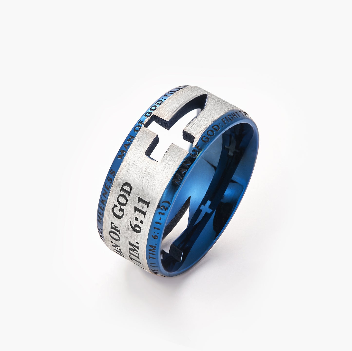 Stainless Steel Laser Etched Blue Lord's Prayer Wedding Band Ring Hollow Comfort Fit