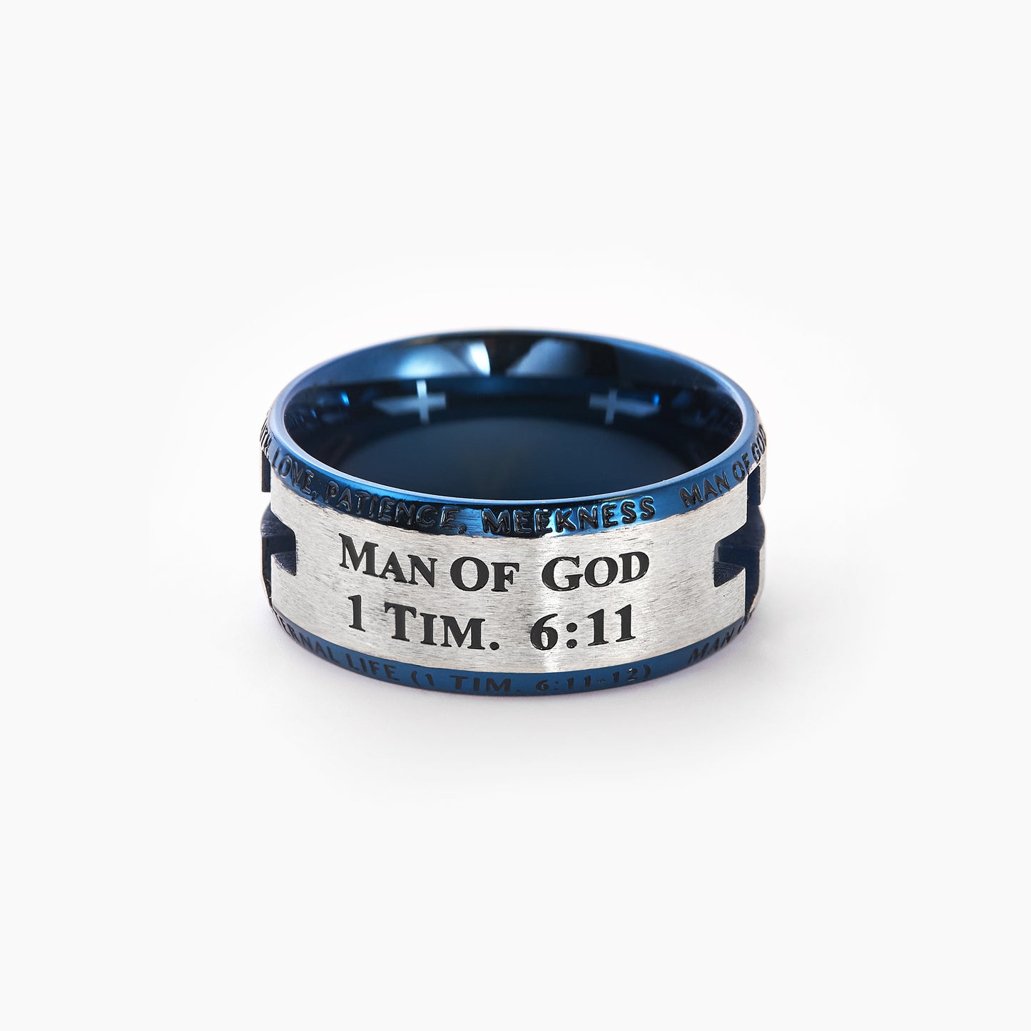 Stainless Steel Laser Etched Blue Lord's Prayer Wedding Band Ring Hollow Comfort Fit
