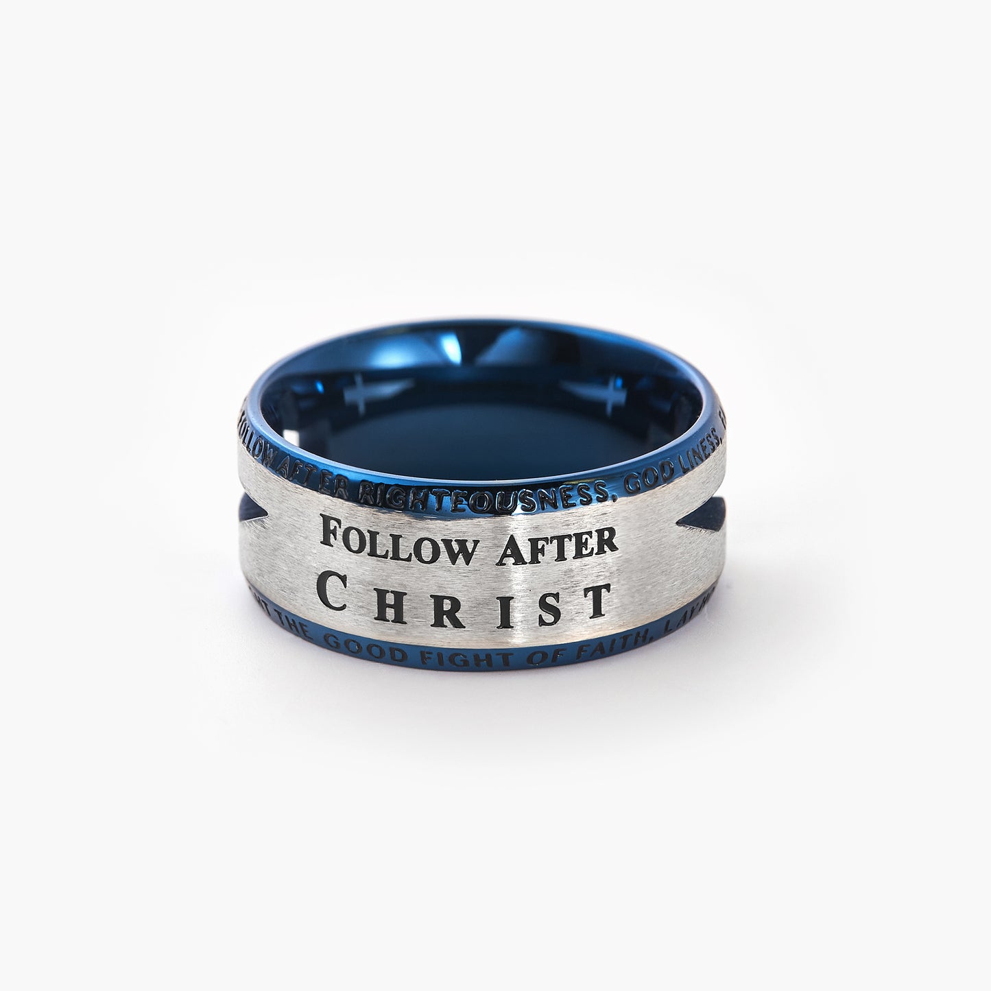 Stainless Steel Laser Etched Blue Lord's Prayer Wedding Band Ring Hollow Comfort Fit