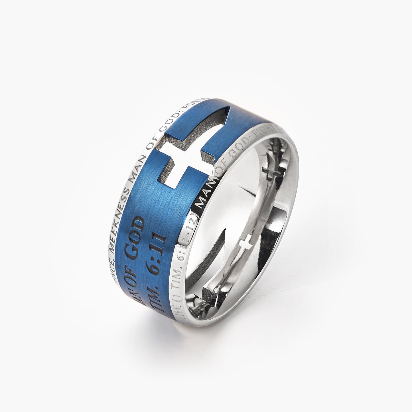 Stainless Steel Laser Etched Blue Lord's Prayer Wedding Band Ring Hollow Comfort Fit