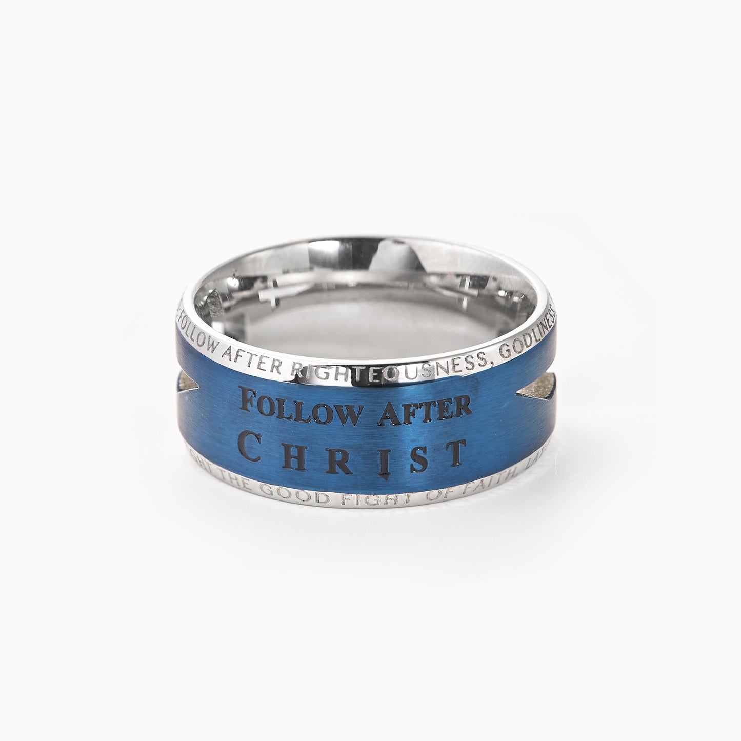 Stainless Steel Laser Etched Blue Lord's Prayer Wedding Band Ring Hollow Comfort Fit