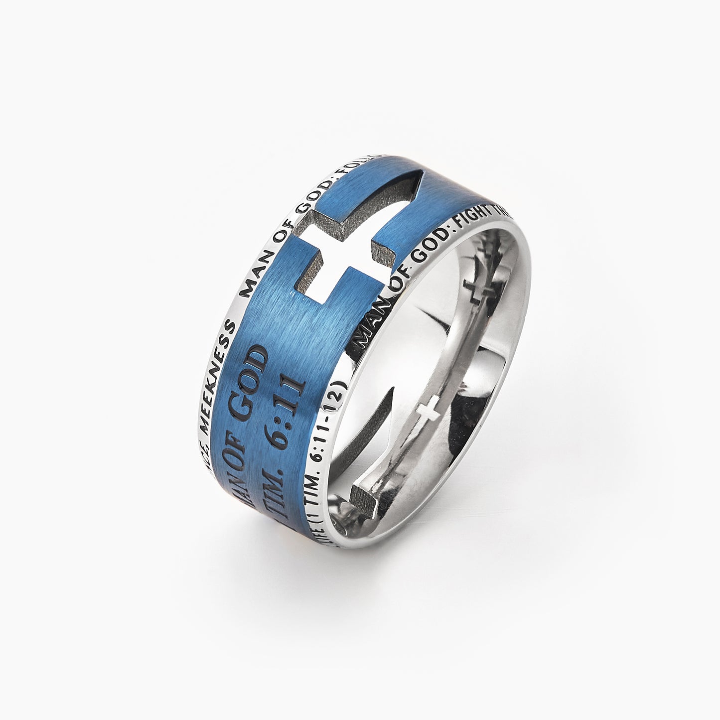 Stainless Steel Laser Etched Blue Lord's Prayer Wedding Band Ring Hollow Comfort Fit