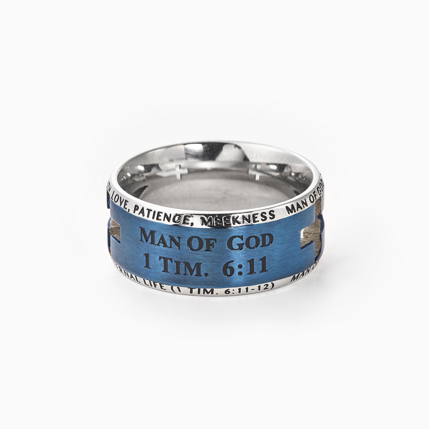 Stainless Steel Laser Etched Blue Lord's Prayer Wedding Band Ring Hollow Comfort Fit