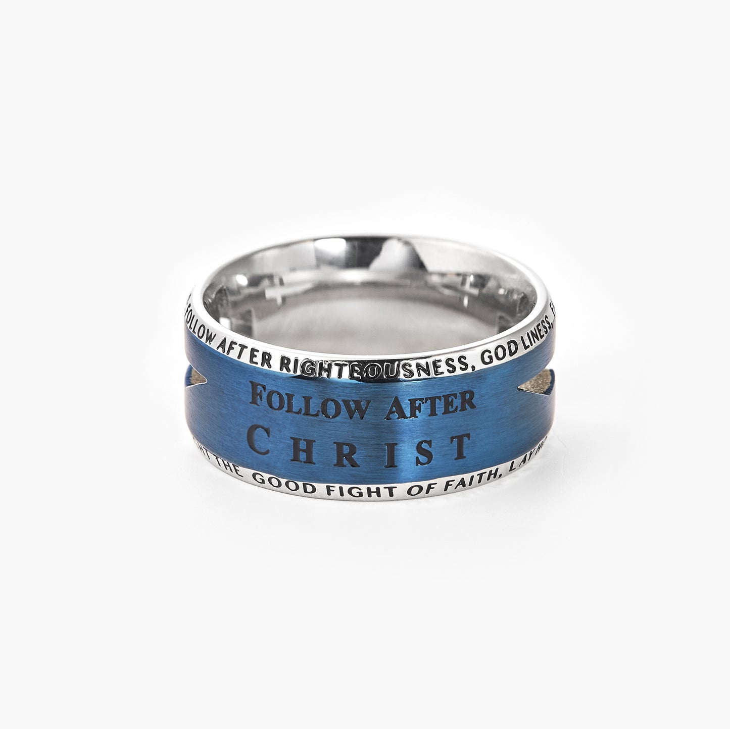 Stainless Steel Laser Etched Blue Lord's Prayer Wedding Band Ring Hollow Comfort Fit