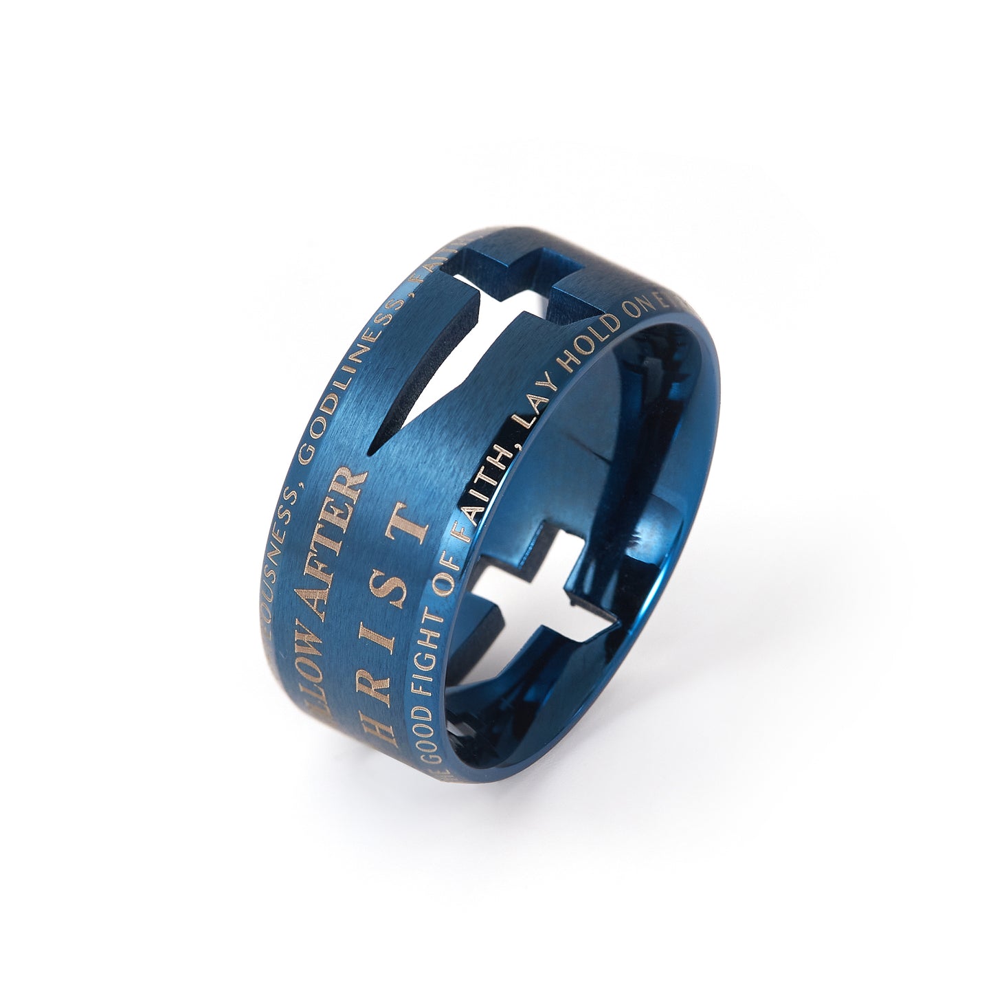 Stainless Steel Laser Etched Blue Lord's Prayer Wedding Band Ring Hollow Comfort Fit
