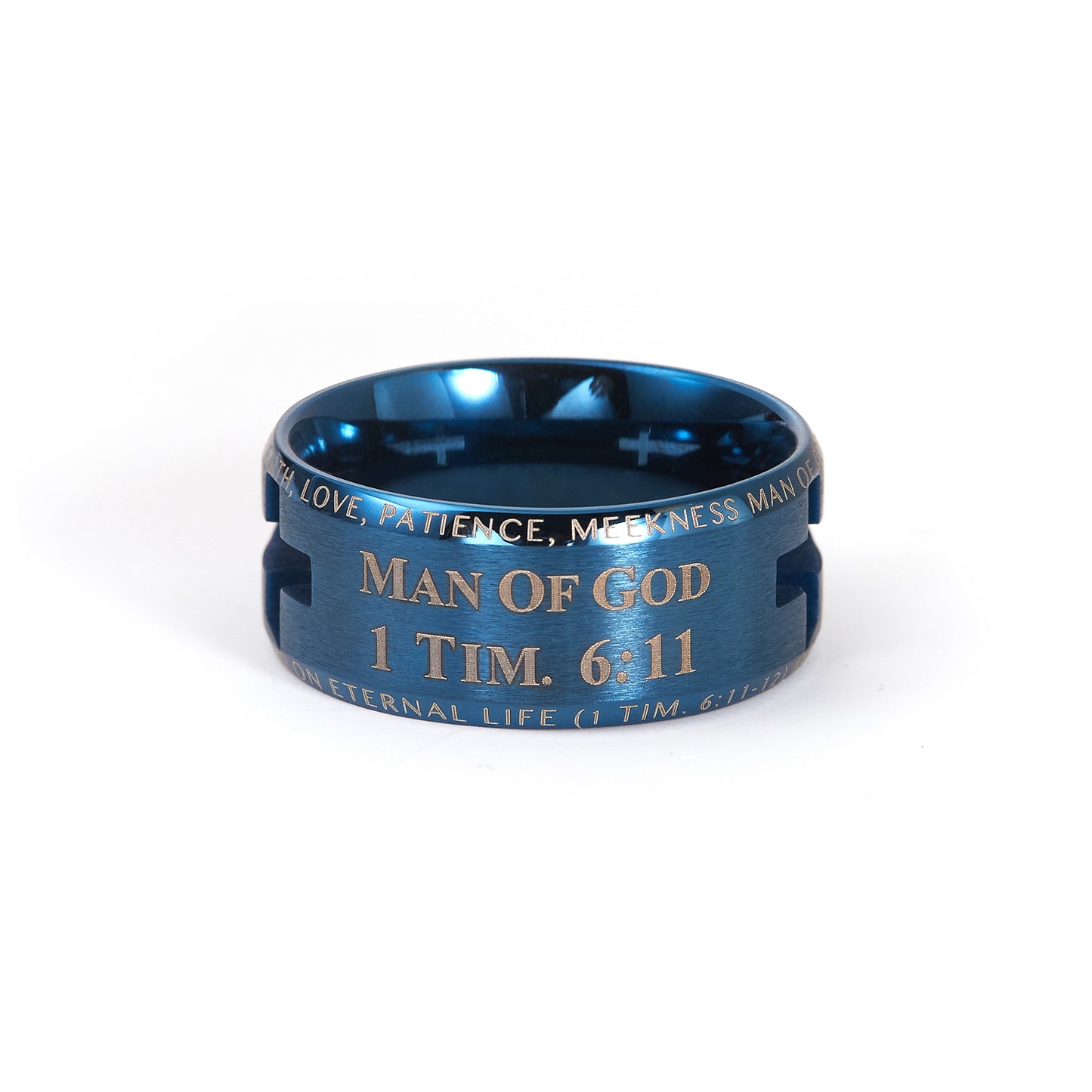Stainless Steel Laser Etched Blue Lord's Prayer Wedding Band Ring Hollow Comfort Fit