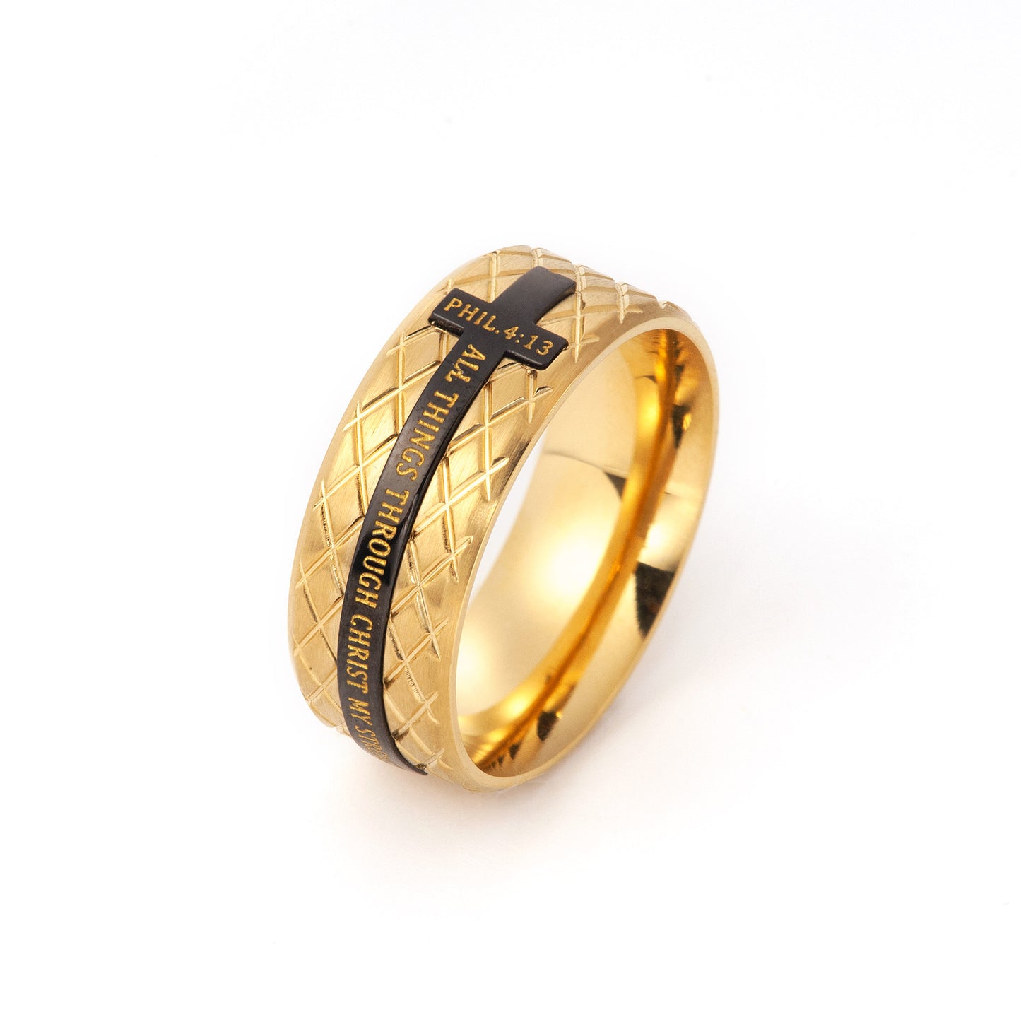 Men's Stainless Steel Bible Verse Lords Prayer Cross God Ring 3 Colors Rotary Black/Gold/Silver