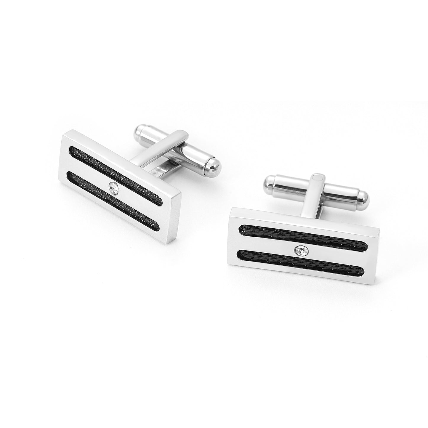 Stainless Steel Black Striped Divided Men Cufflinks