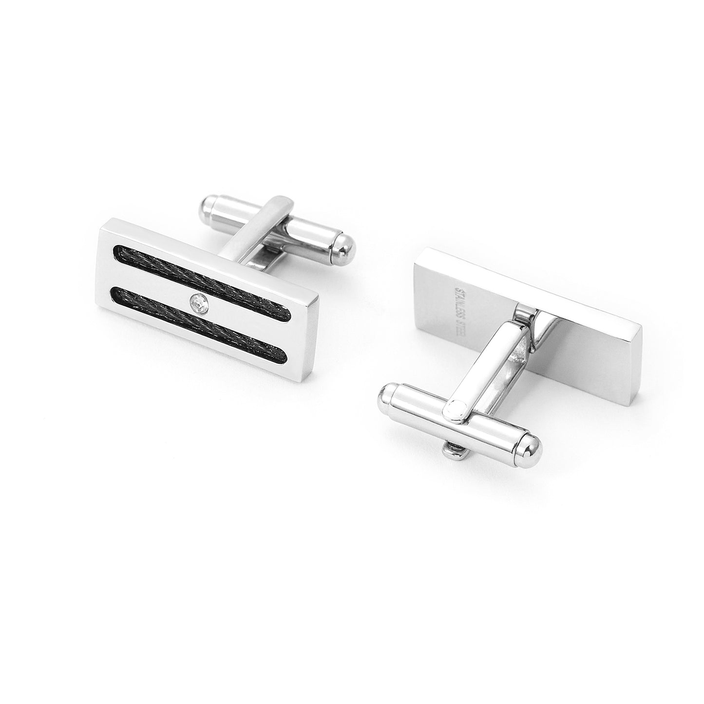 Stainless Steel Black Striped Divided Men Cufflinks