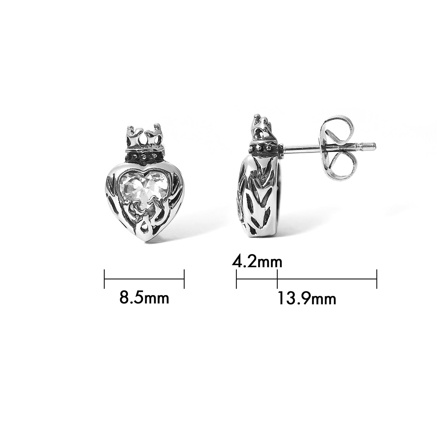 Vintage Unisex Thai Heart Shape Diamond Stud Earrings in Stainless Steel For Women
