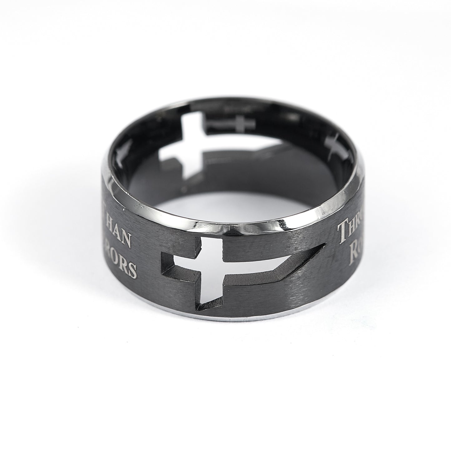 Black Cross Ring, Romans JESUS IS LORD Bible Verse, Stainless Steel