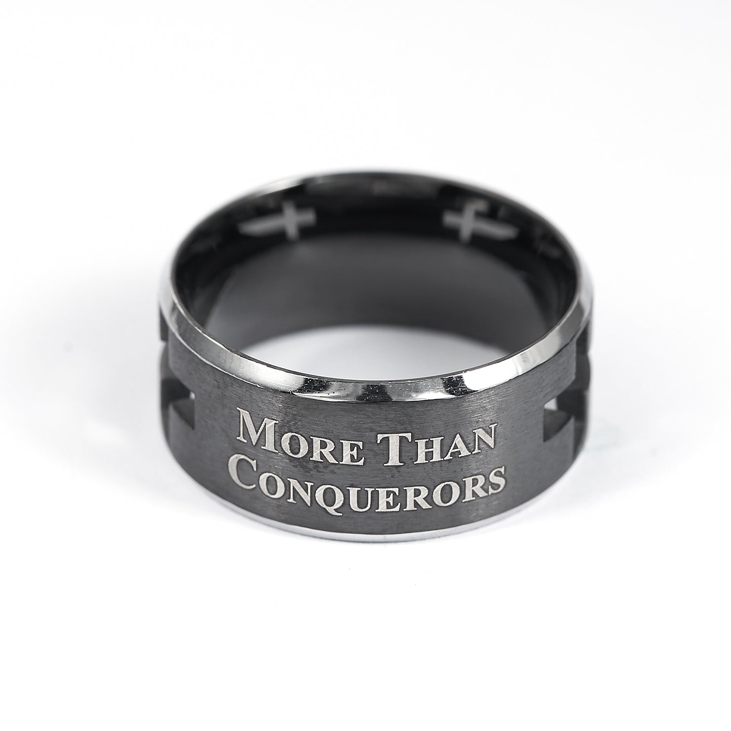 Black Cross Ring, Romans JESUS IS LORD Bible Verse, Stainless Steel