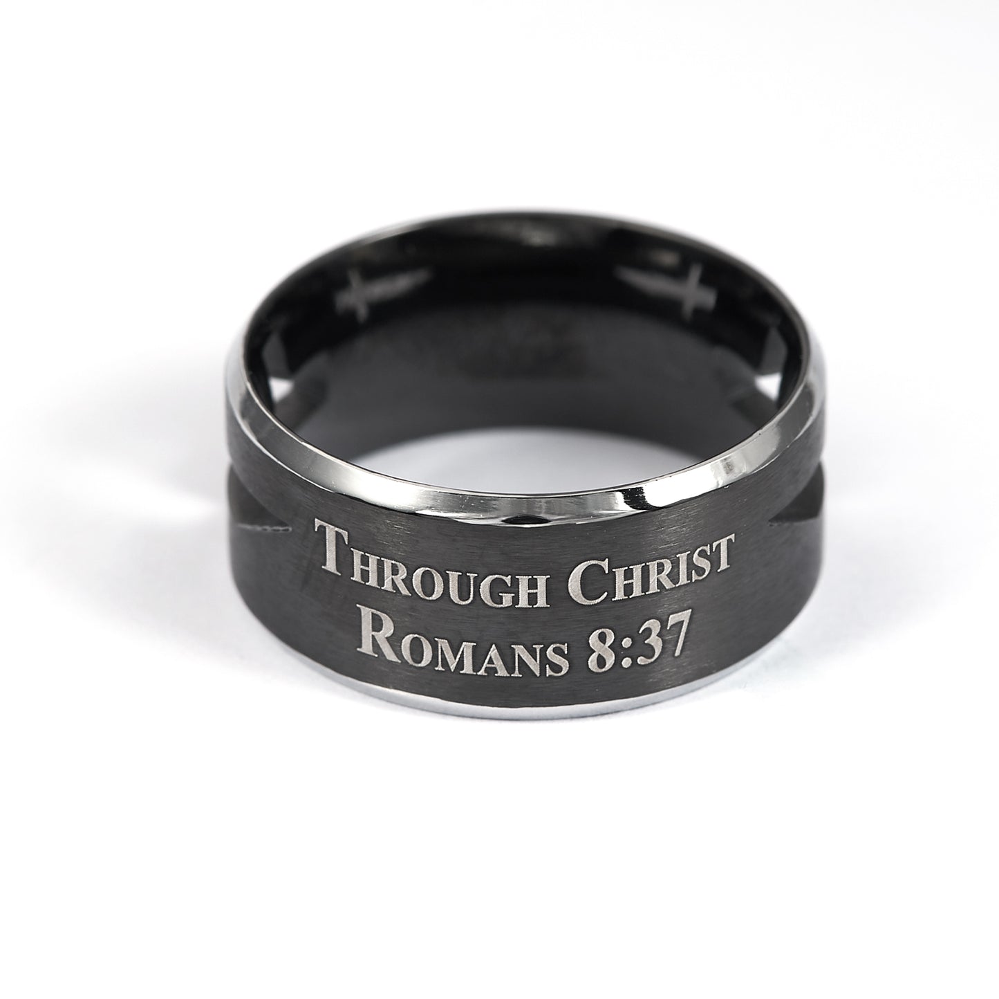 Black Cross Ring, Romans JESUS IS LORD Bible Verse, Stainless Steel