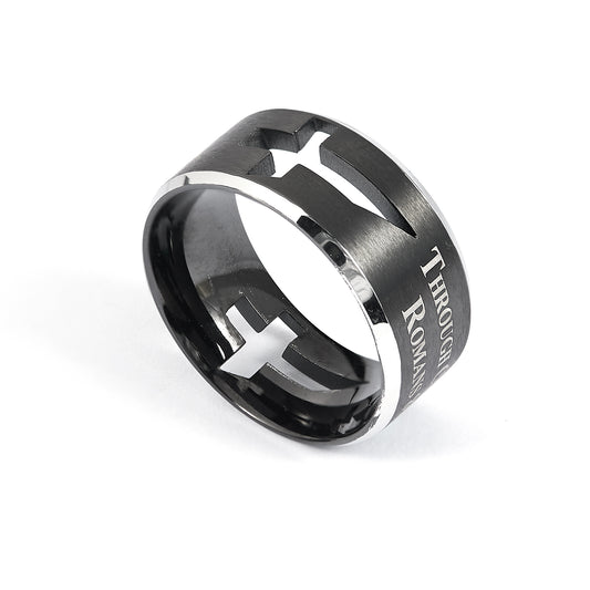 Black Plated Stainless Steel Striped Grooved Ring