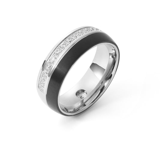 Men's Diamond Black Ceramic and Stainless Steel Wedding Band