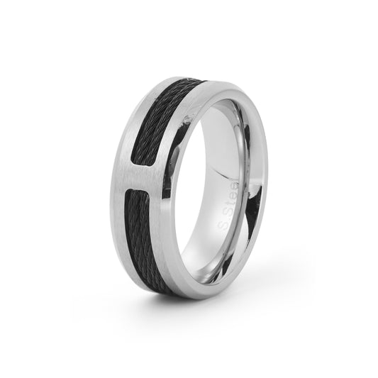 Black Plated Stainless Steel Striped Grooved Ring