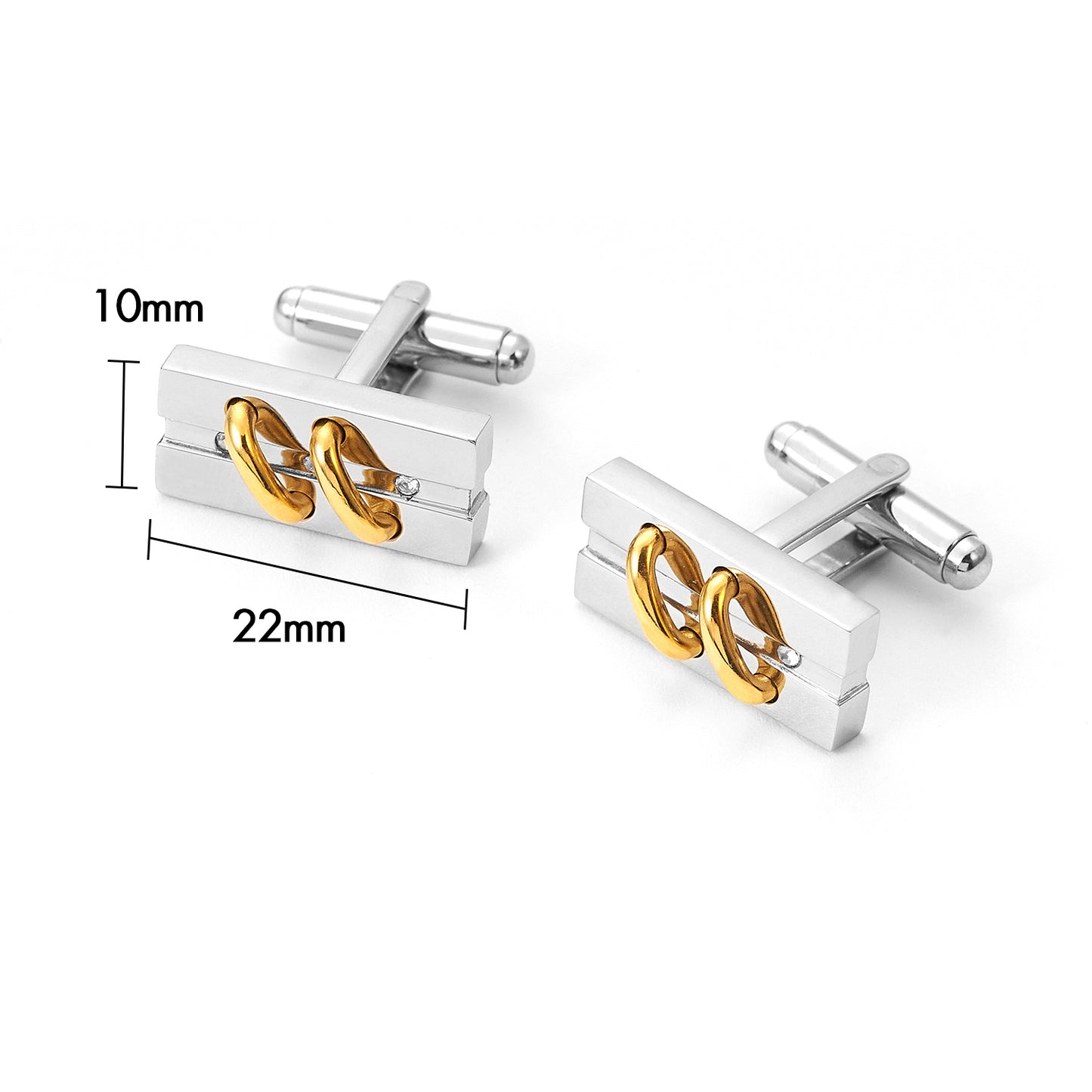 Men Stainless Steel Two Tones Yellow Gold Twin Rectangular Chain Linked Cufflinks