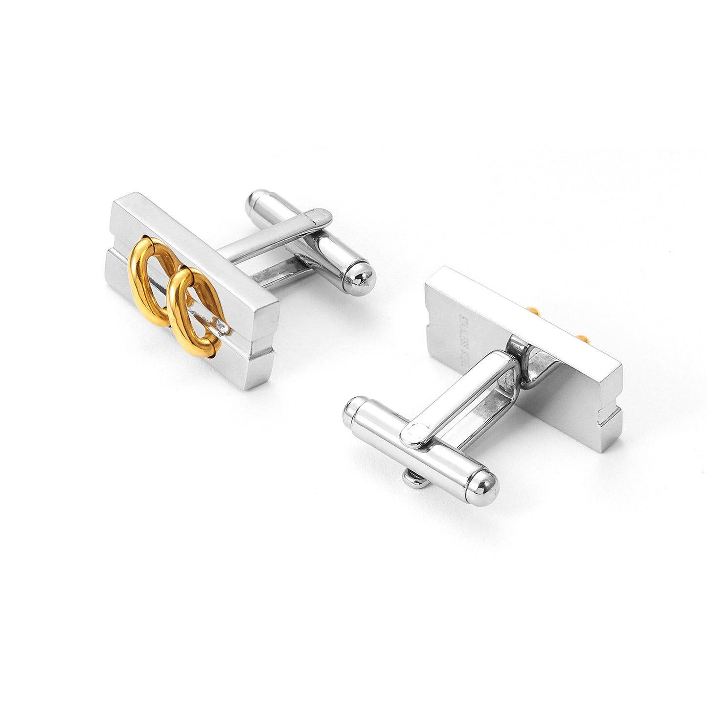 Men Stainless Steel Two Tones Yellow Gold Twin Rectangular Chain Linked Cufflinks