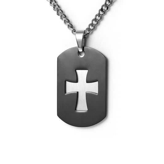 Black Christian Cross Christ Logo Symbol Military Dog Tag Chain Necklace