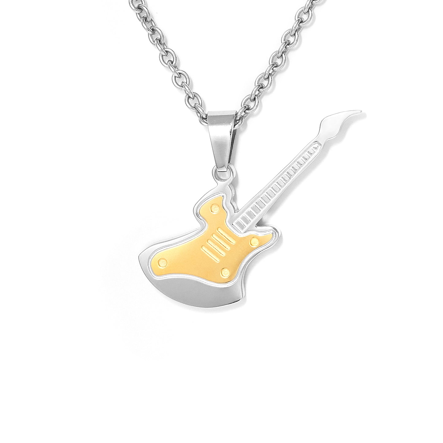 Stainless Steel White and Gold Music Charm Electric Guitar Pendant Necklace