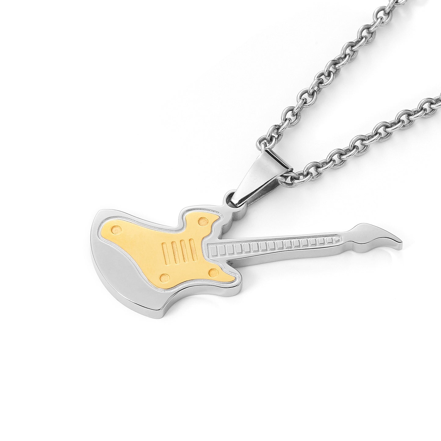 Stainless Steel White and Gold Music Charm Electric Guitar Pendant Necklace