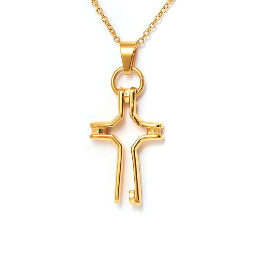 Stainless Steel Yellow Gold Fancy Cross Religious Pendant with Chain