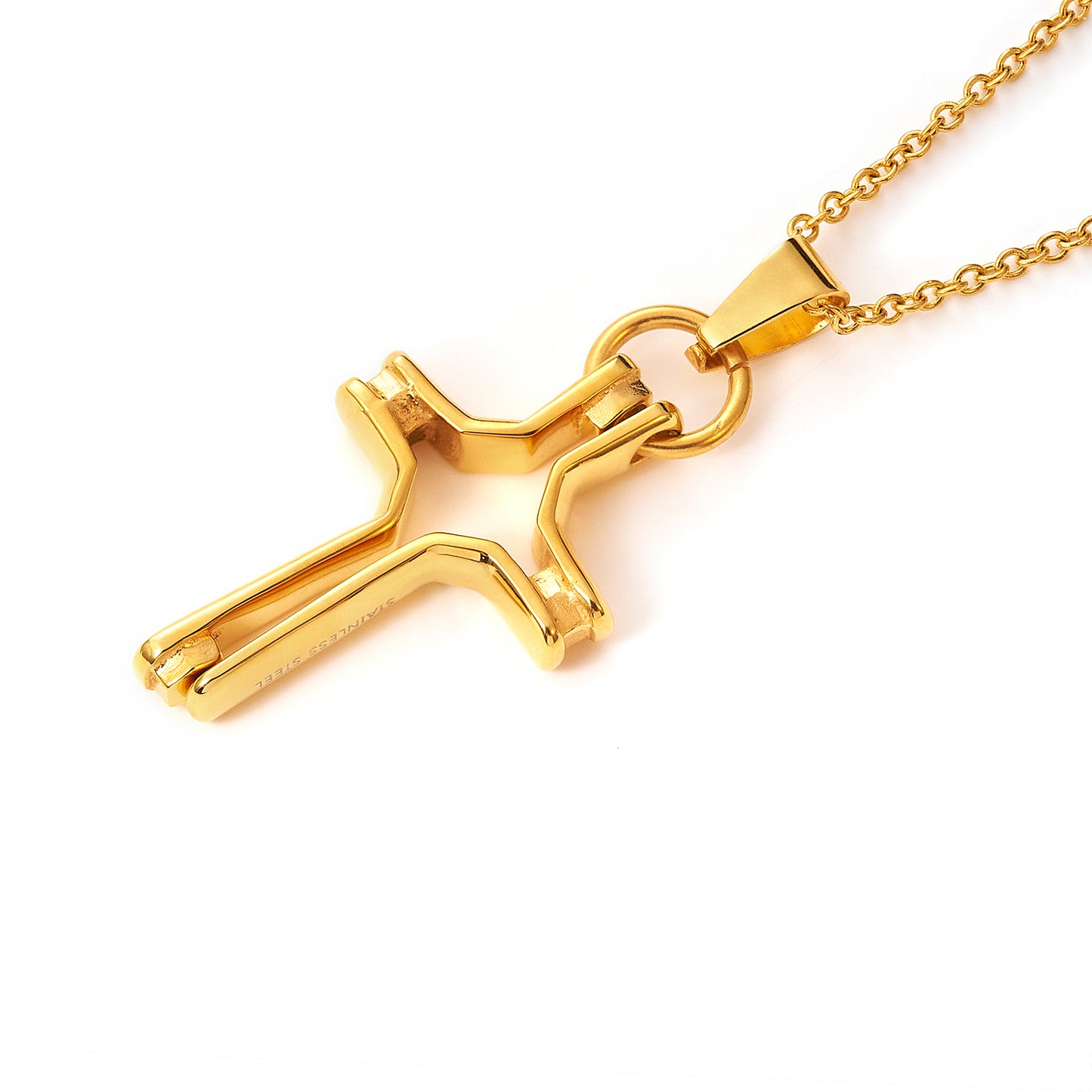 Stainless Steel Yellow Gold Fancy Cross Religious Pendant with Chain