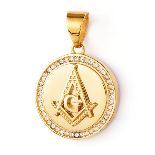 Yellow Gold Stainless Steel Freemason Round Masonic Pendant