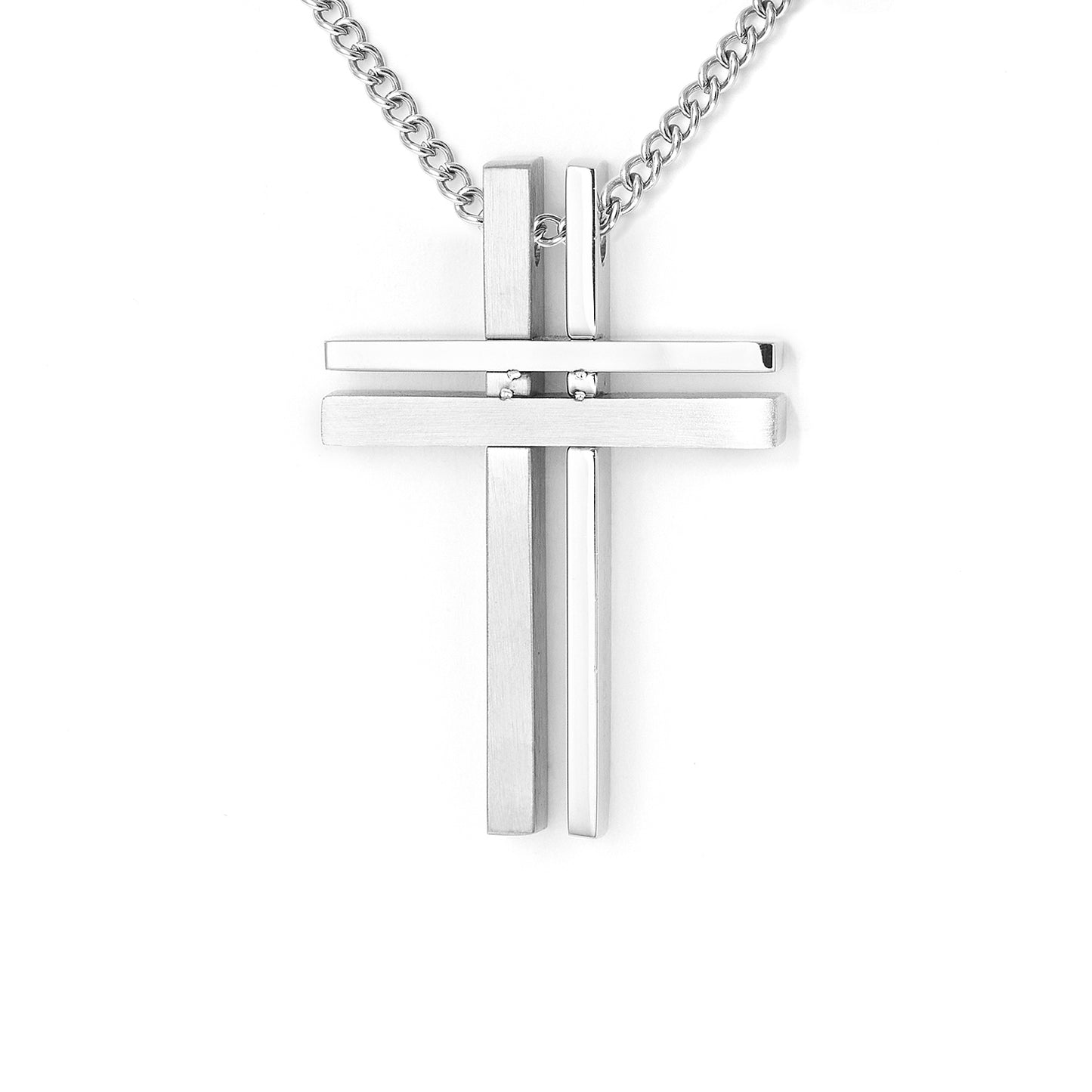 Stainless Steel Simple Plain Double Cross Pendant Necklace