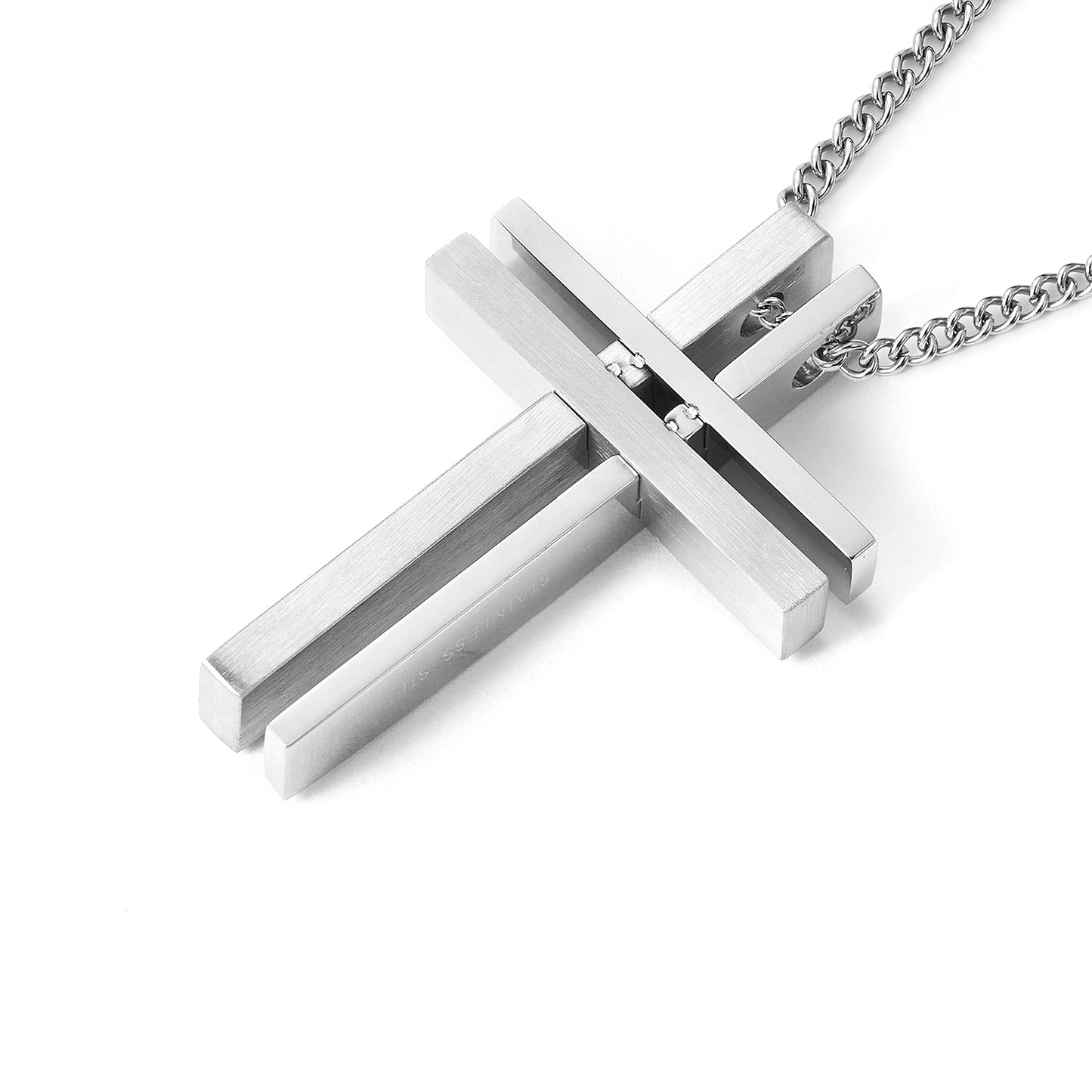 Stainless Steel Simple Plain Double Cross Pendant Necklace