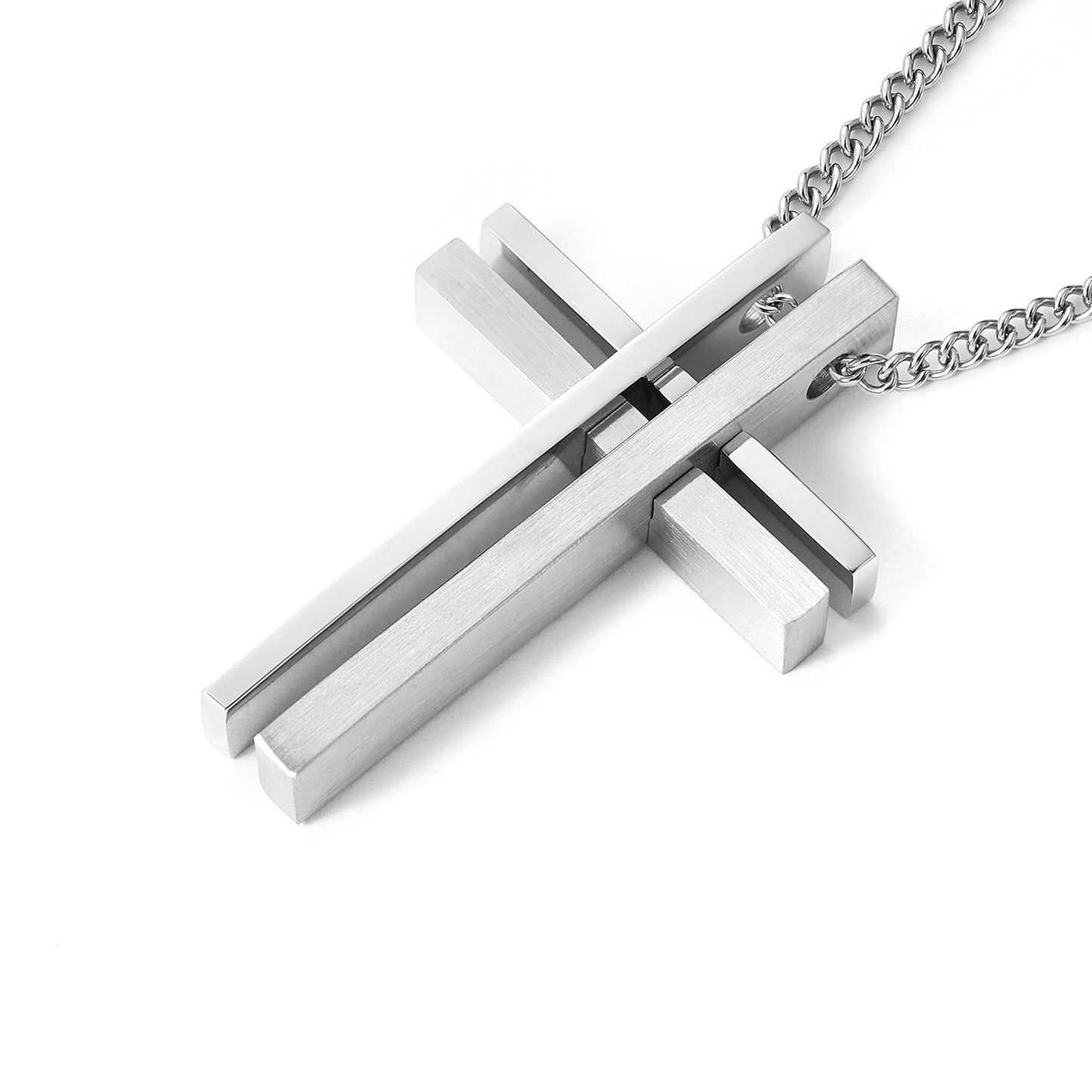 Stainless Steel Simple Plain Double Cross Pendant Necklace