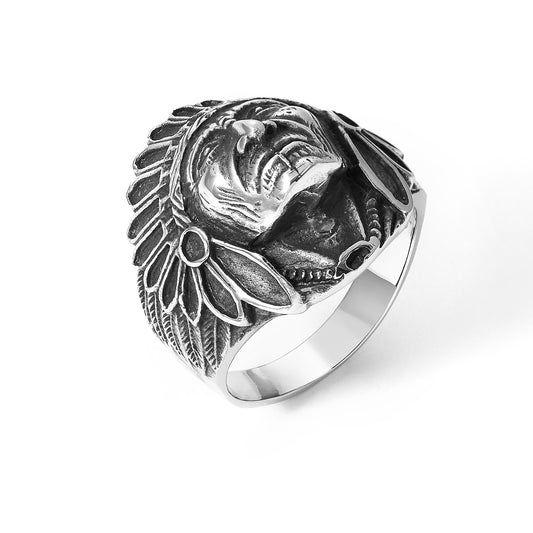 New Retro Sculpture Indian Chiefs Pattern Men And Women Thai Silver Stainless Steel Ring